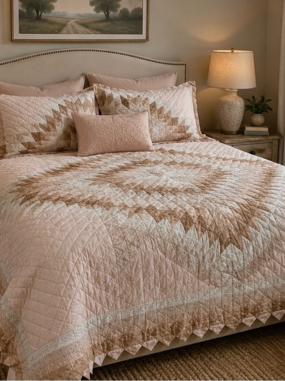Heirloom vintage handmade peach and tan toned quilt 93”x80”